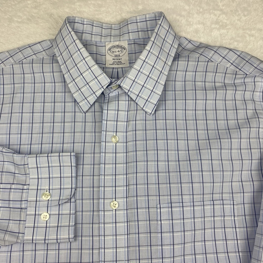 Brooks Brothers Dress Shirt Mens 16.5-4/5 Blue Checks Regent No Iron